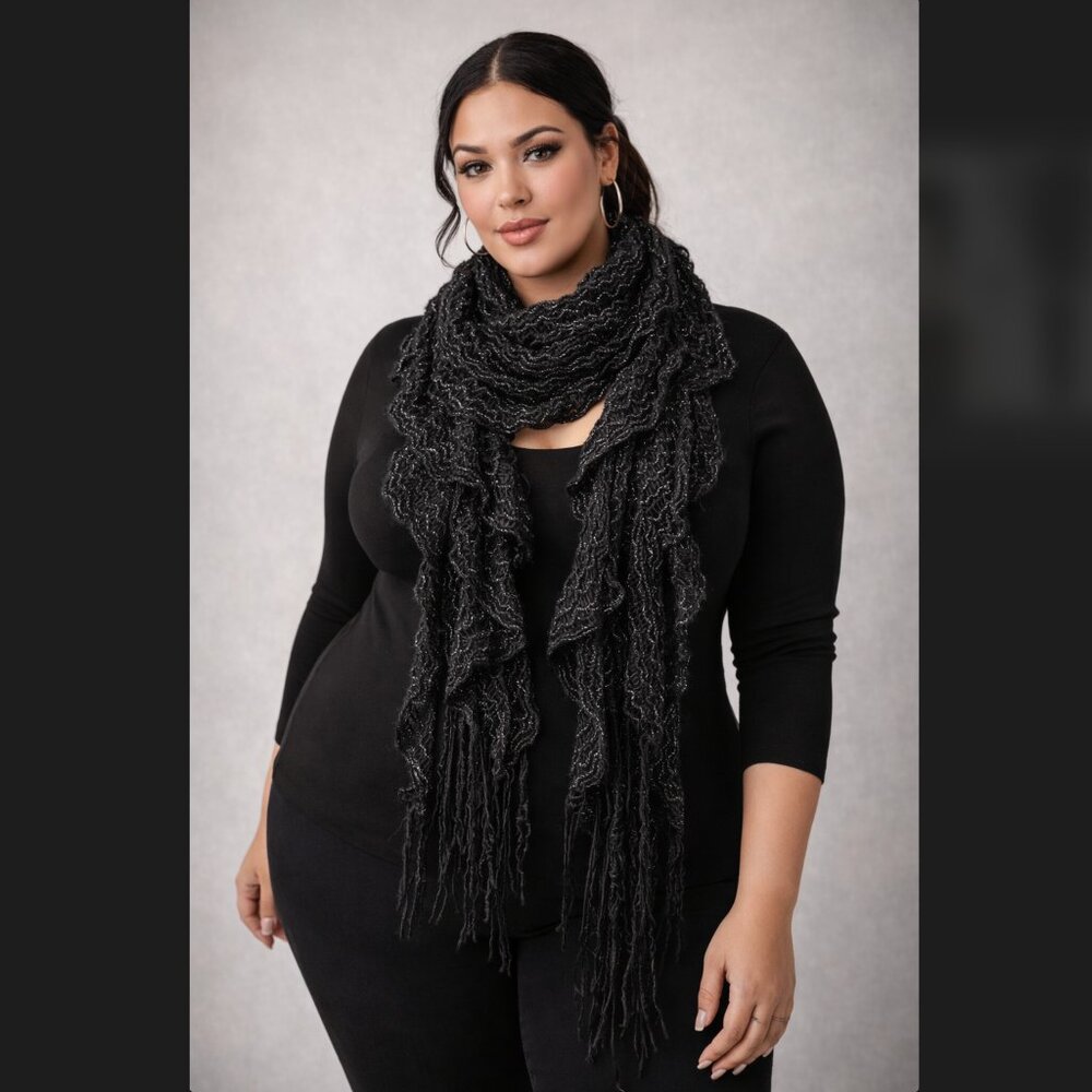Torrid Lurex Ruffle Scarf Black Silver Metallic Open Knit Fringe Goth Grunge NWT